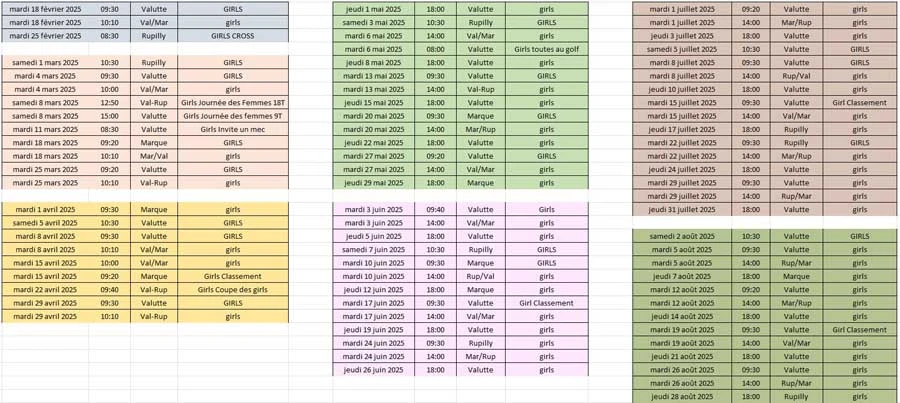 programme des girls only, ladies dames et filles qui jouent au golf à mérignies